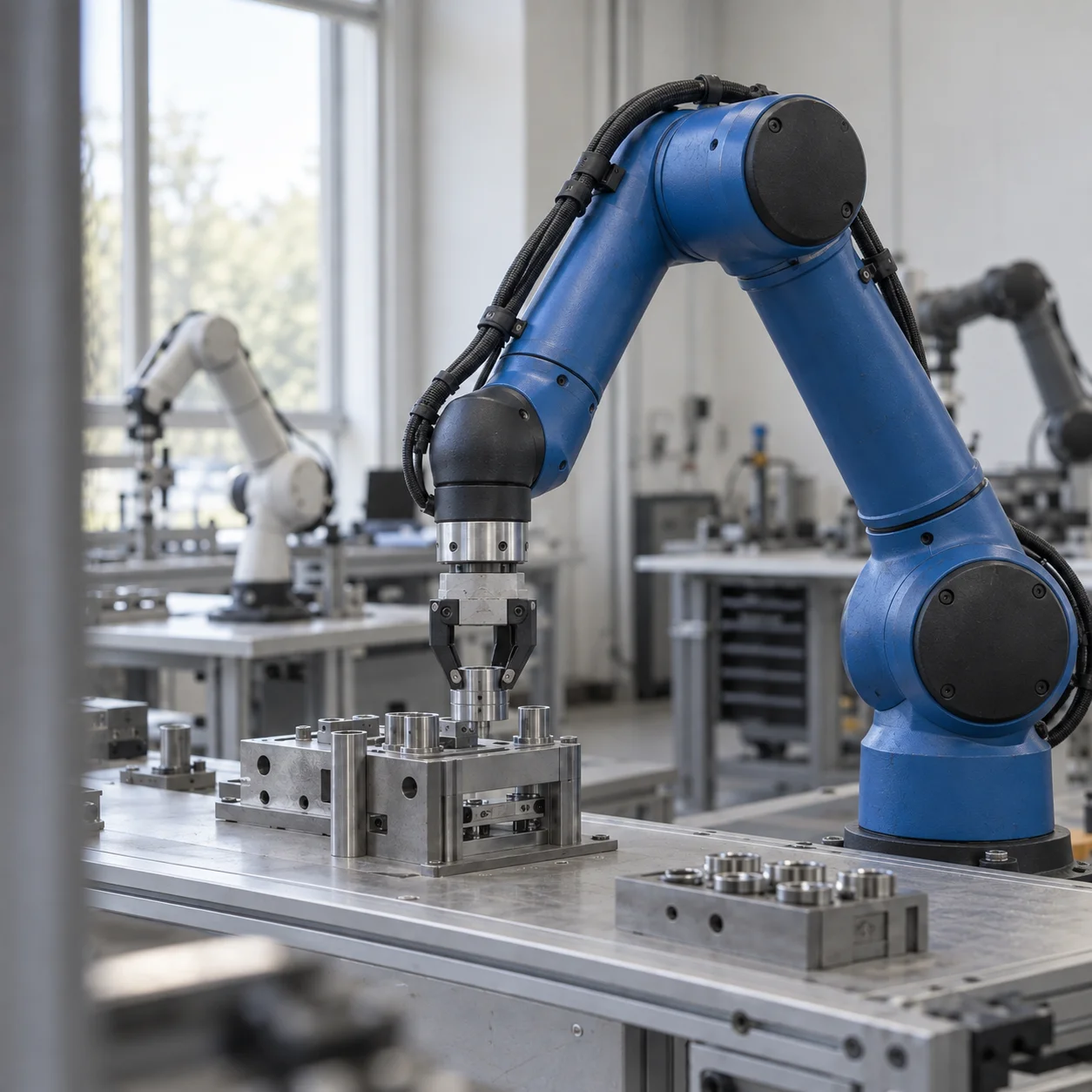 Blue robotic arm positioning a metal component in a laboratory, with other robots in the background